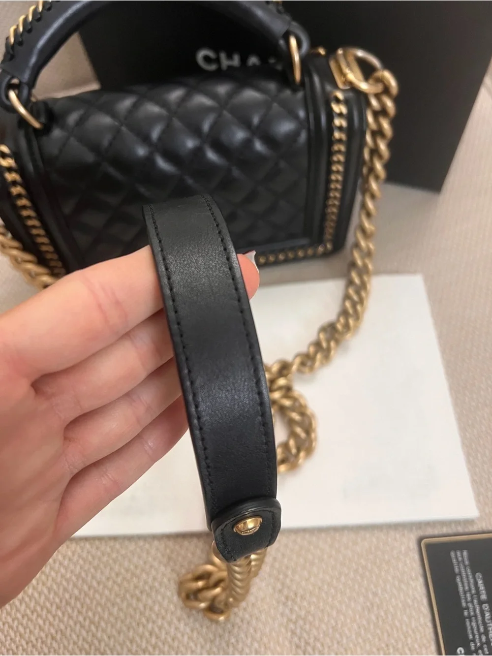 CHANEL Black Quilted Leather Shoulder Boy Bag with Gold Hardware